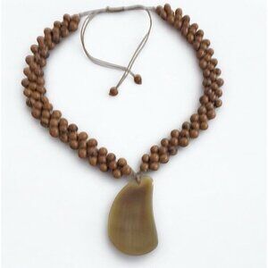 Vintage Natural Seed Bead Necklace with Large Polished Horn Pendant 24" +